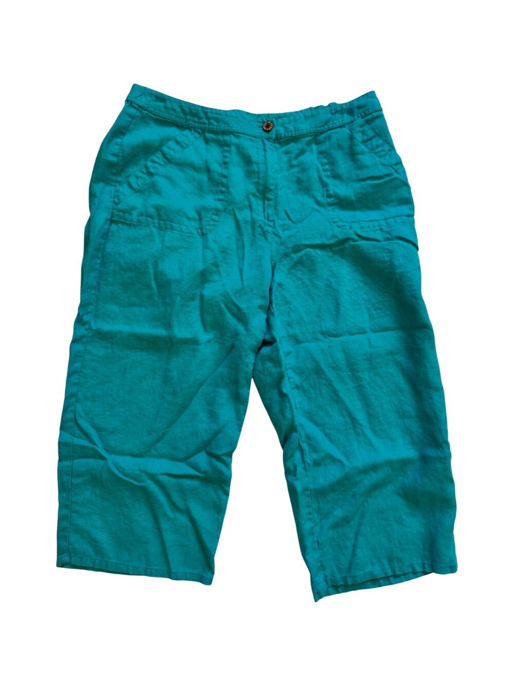 Chico's Linen Capri Pants Teal Blue Women’s XL Elastic Coastal Wide Leg Vacation
